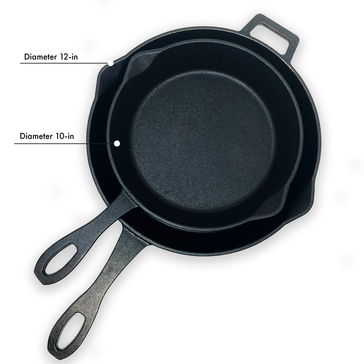 Two cast iron skillets on a white background. Larger skillet is 12-in diameter and the smaller skillet is 10-in diameter