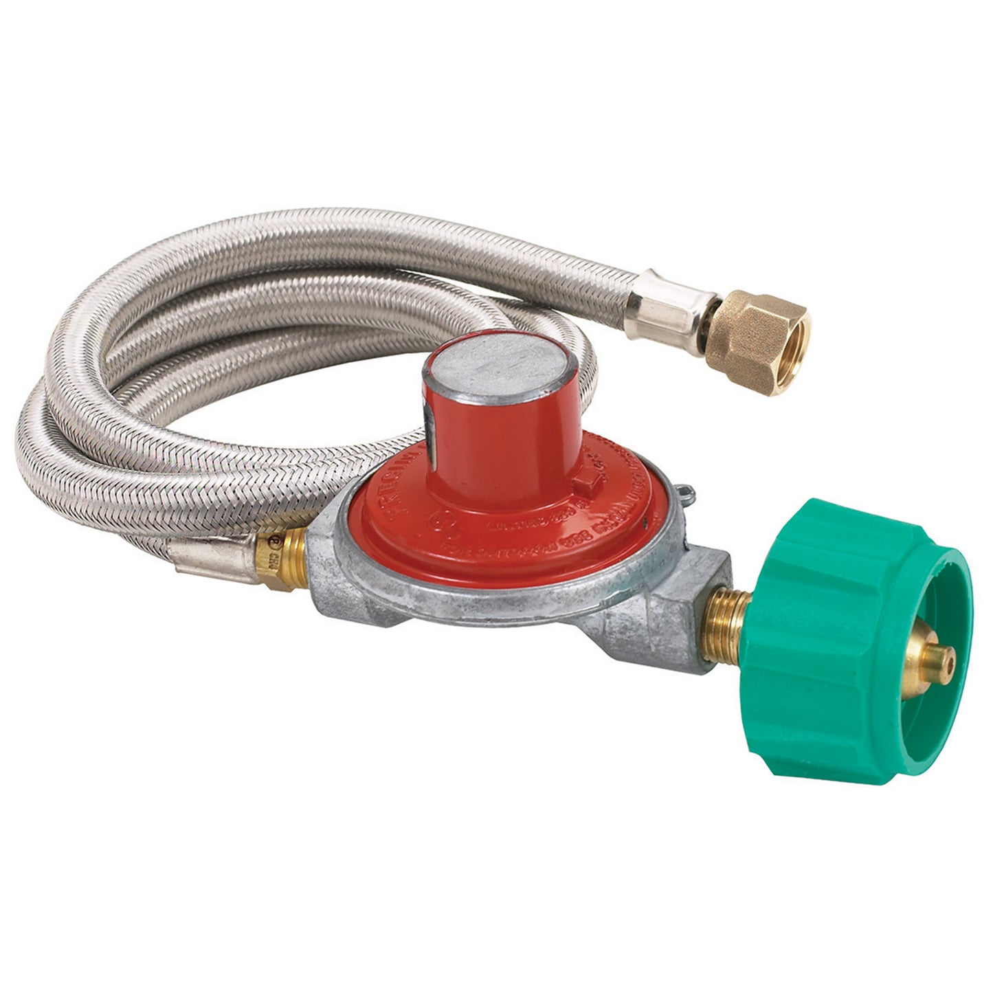 A stainless braided LPG hose with a red regulator and a green handwheel connector.