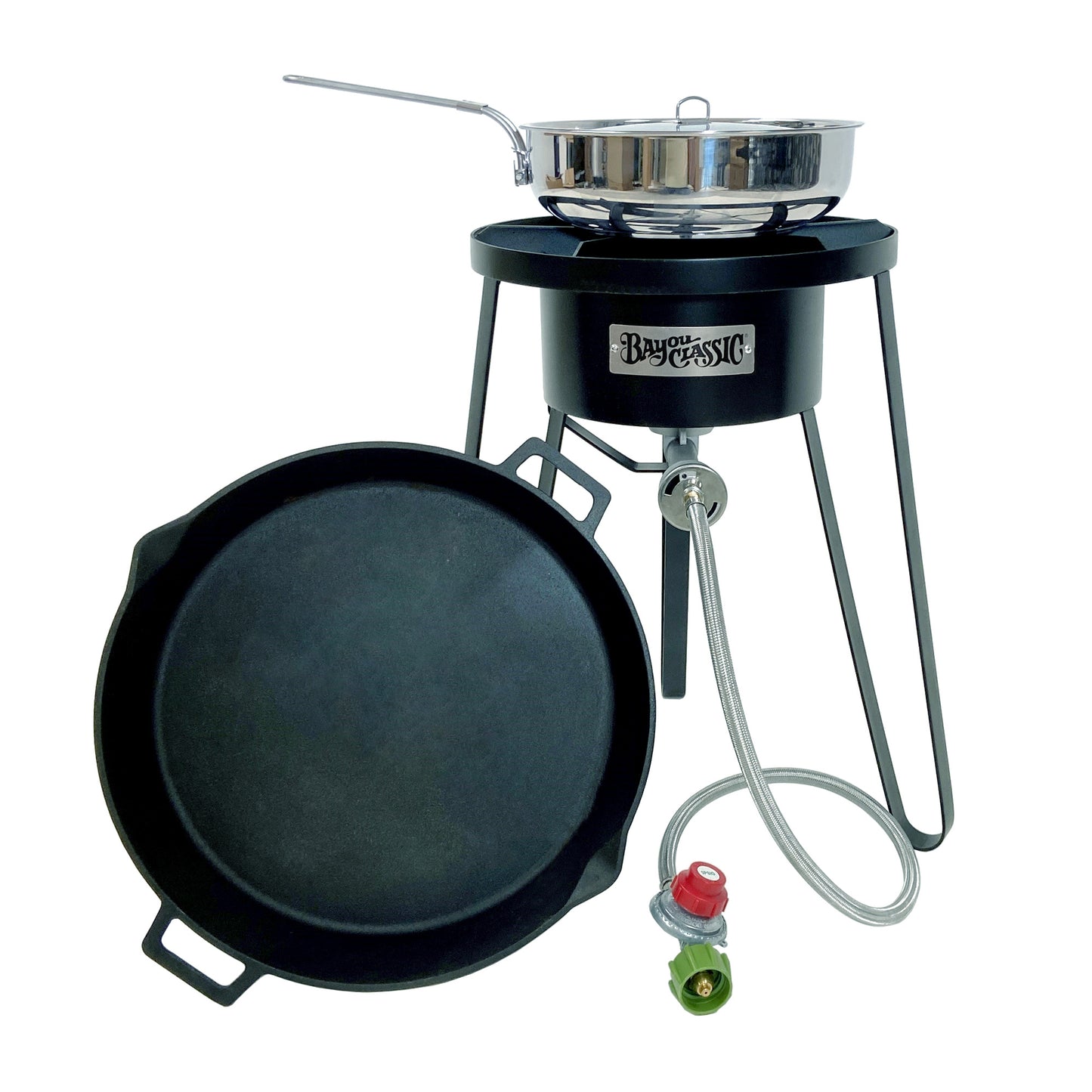 21-in tall steel cooker with stainless fry pot and 16-in double handled cast iron skillet on a white background