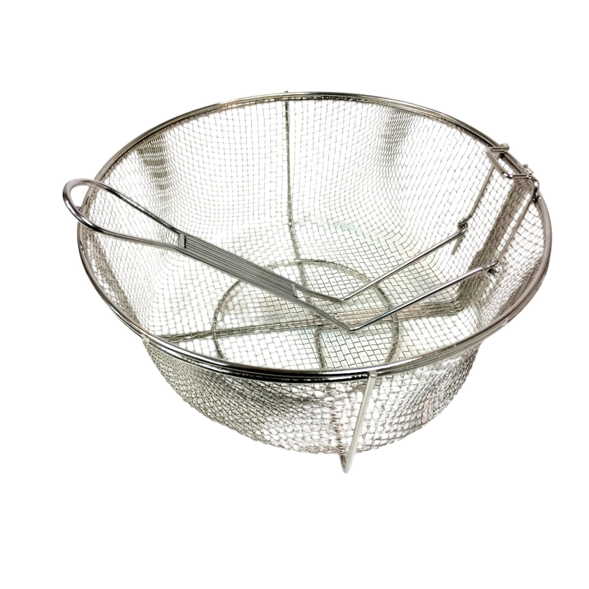 Stainless Mesh Fry Basket showing handle folded in for storage