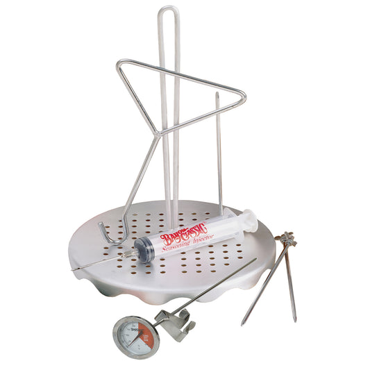 A complete poultry rack set including a perforated aluminum rack, lift hook, seasoning injector, fry thermometer, and detachable skewers on a white background.
