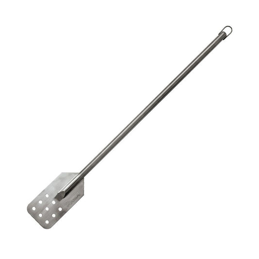 A 42-inch stainless steel stir paddle with a perforated paddle surface, designed for stirring large boiling pots.