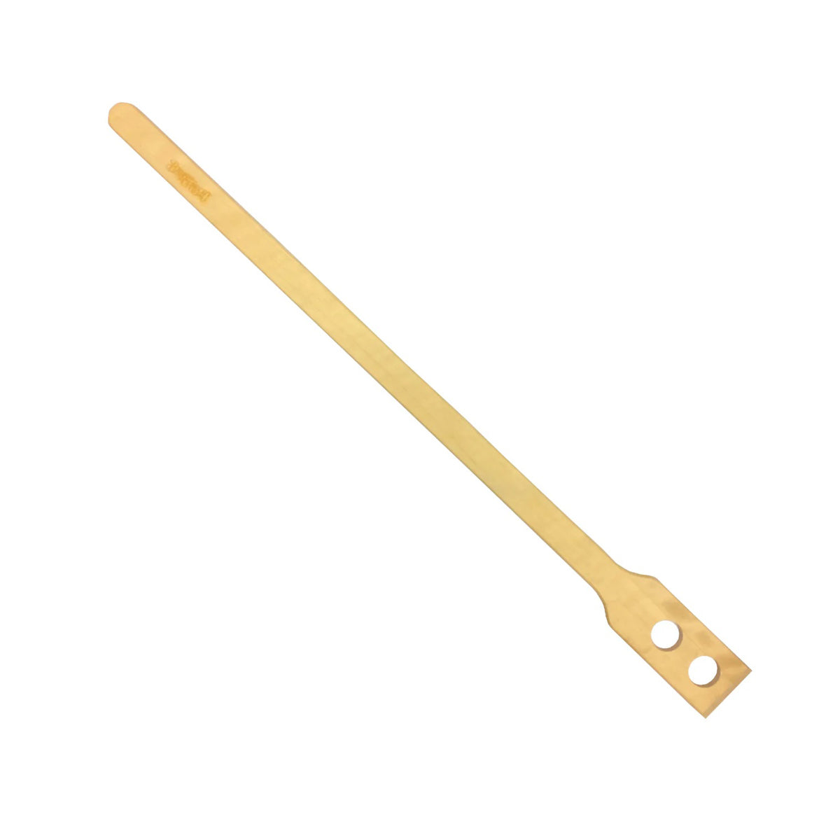 Wooden stir paddle with two holes in the center of the paddle on a white background