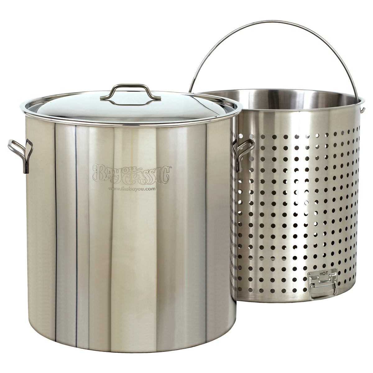 82-qt Stainless Stockpot with Basket on a white background