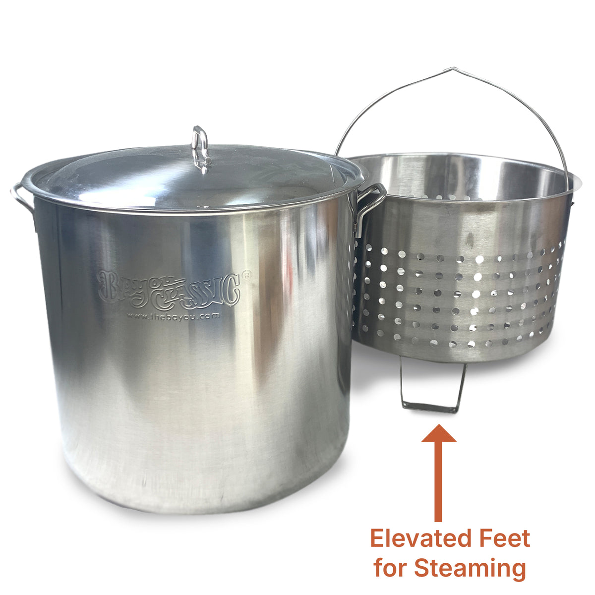 82-qt Stainless Stockpot with Elevated Basket on a white background with text that points out Elevated Feet for Steaming