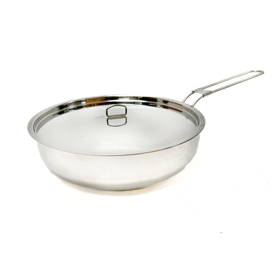 Stainless steel frying pan with lid on a white background