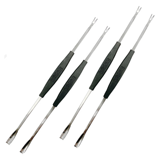 Set of four stainless steel seafood forks with black non-slip center grip on a white background.