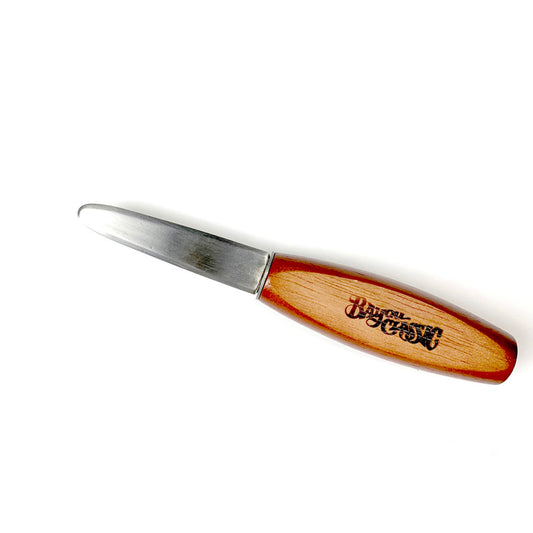 An oyster shucker knife with a stainless steel blade and a wooden handle featuring the 'Bayou Classic' logo.