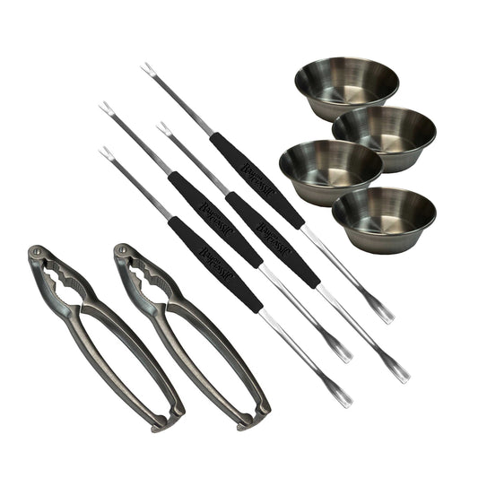A set of stainless steel seafood tools including seafood forks, seafood crackers, and ramekins.