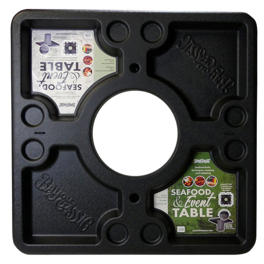 Black ABS plastic seafood/event table with multiple cut-outs for serving trays and beverage holders, featuring a center hole for attachment to a garbage can.
