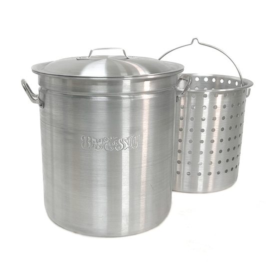 60-qt Aluminum stockpot and basket set with 'Bayou Classic' branding on a white background