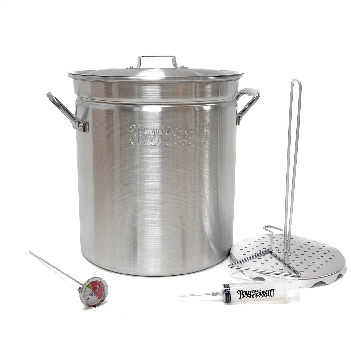 42-qt Aluminum turkey fryer pot with lid, poultry rack and grab hook, thermometer, and seasoning injector on a white background