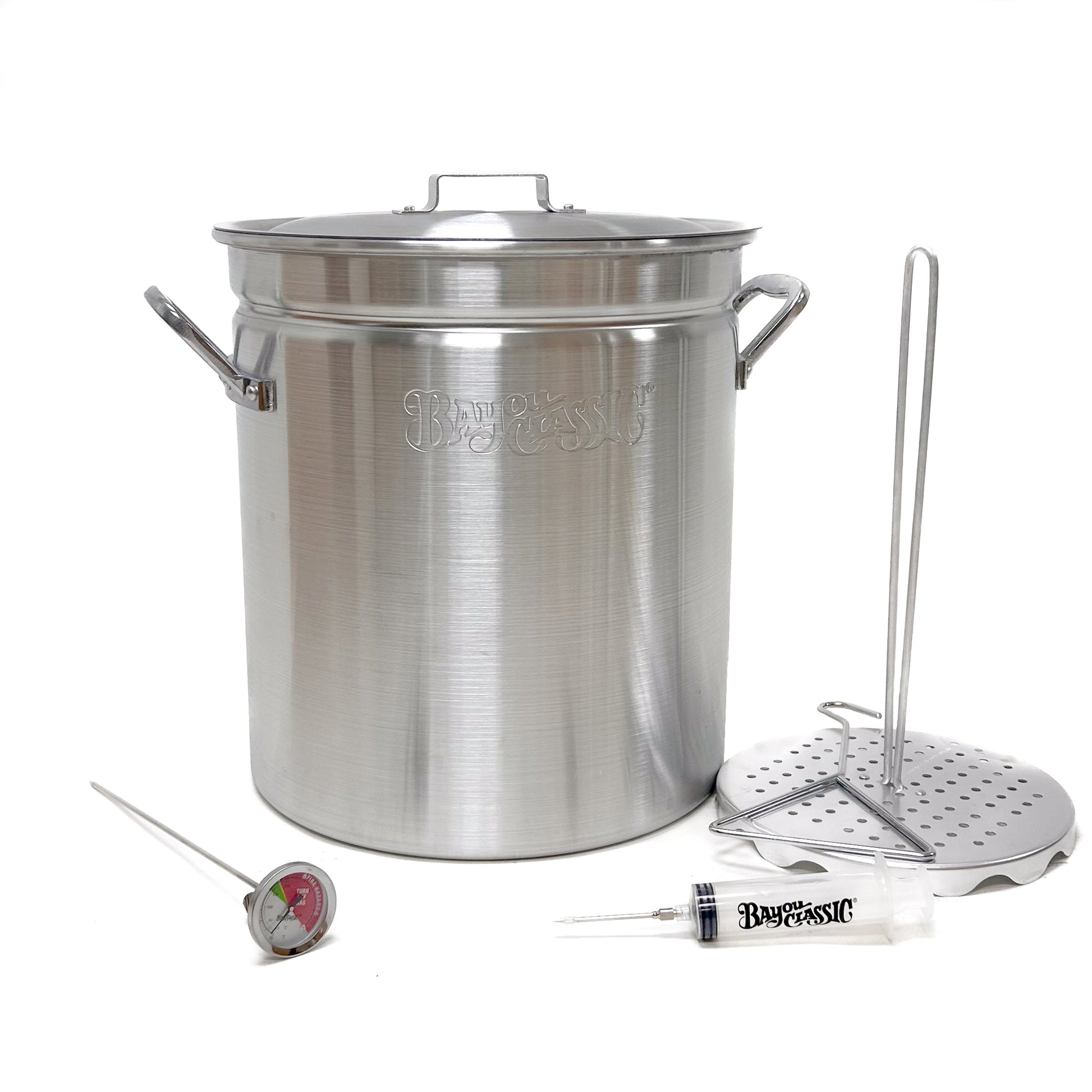 42-qt Aluminum turkey fryer pot with lid, poultry rack and grab hook, thermometer, and seasoning injector on a white background