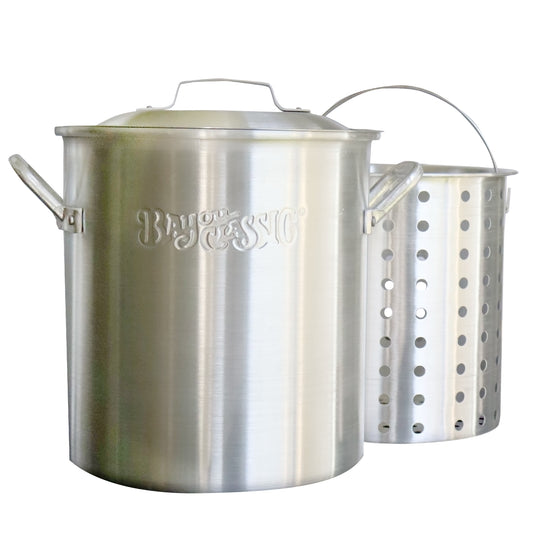 25-qt Aluminum Stockpot with Perforated Basket on a white background