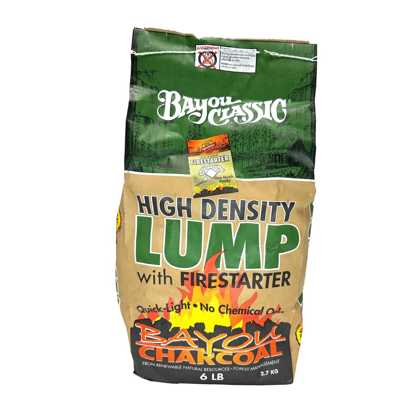 Bag of 6-lb Lump Charcoal with Firestarter, green and white packaging with red flame graphic, and copy that reads chemical-free, quick-light, all natural lump charcoal on a white background
