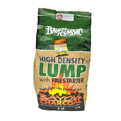 Bag of 6-lb Lump Charcoal with Firestarter, green and white packaging with red flame graphic, and copy that reads chemical-free, quick-light, all natural lump charcoal on a white background