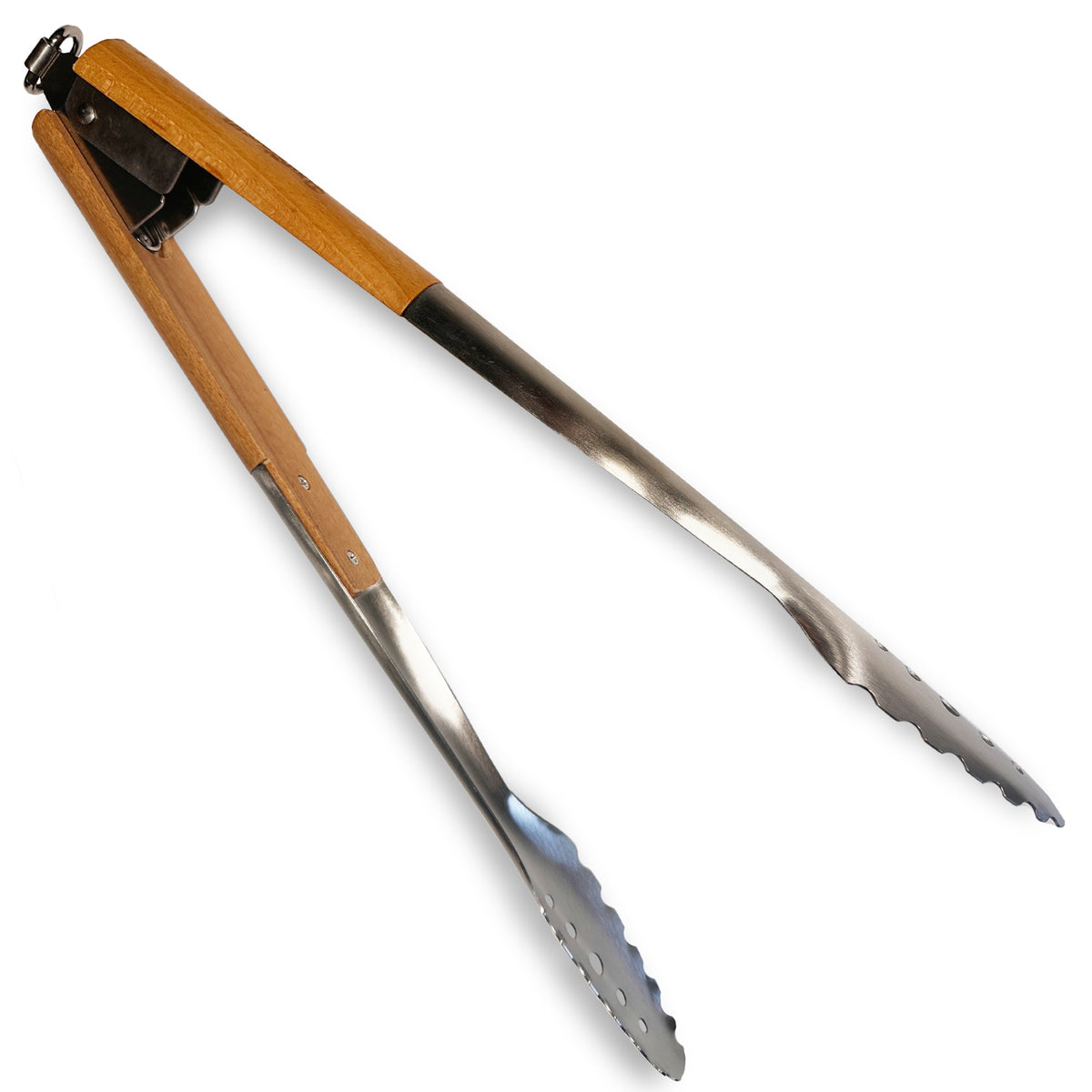 Stainless tongs with a hardwood handle on a white background