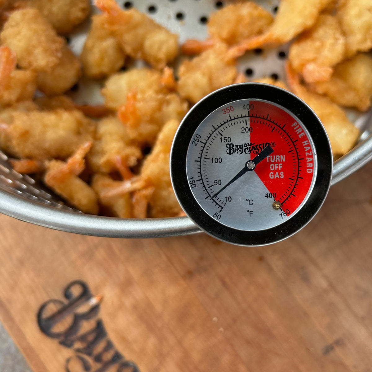 Fry Thermometer on fry basket with shrimp