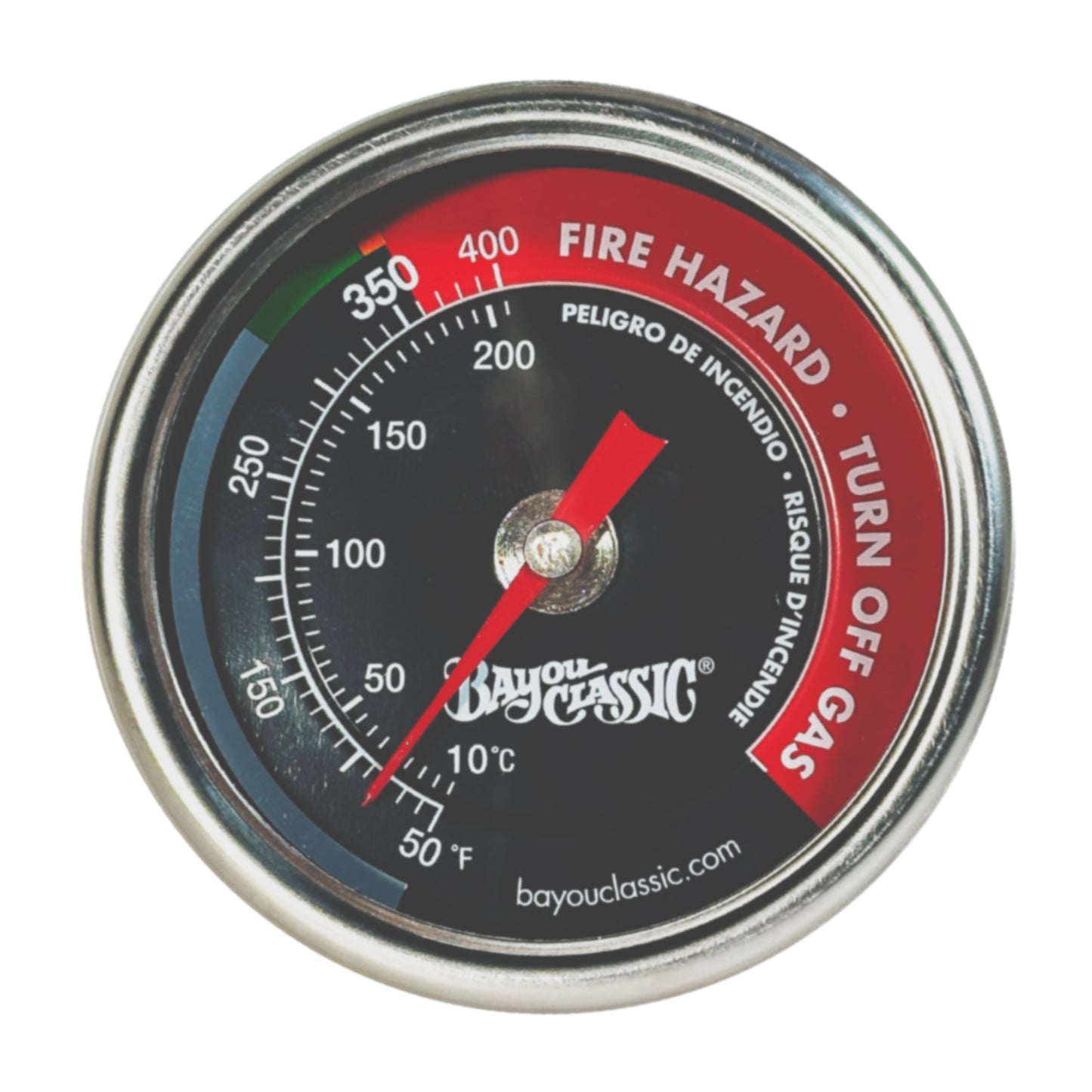 Dial face of Bayou Fryer Thermometer on a white background