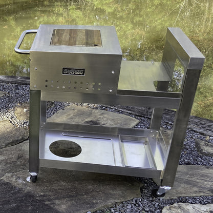 Stainless workstation cart for 2.5-gal bayou fryer outside