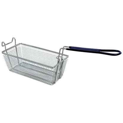 A stainless wire mesh basket with a black handle designed for a 9-gal Bayou Fryer on a white background