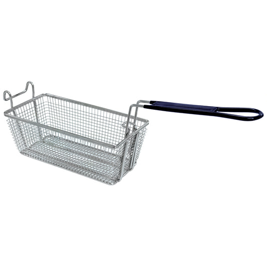 A stainless wire mesh basket with a black handle designed for a 9-gal Bayou Fryer on a white background