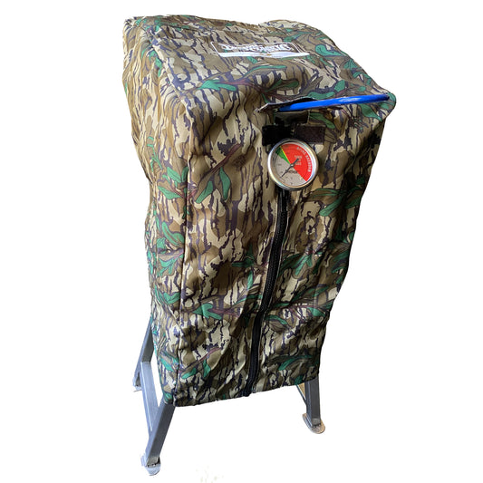 A camouflage fryer cover designed for the 2.5-gal Bayou Fryer model number 700-725, featuring a fitted zipper closure and Velcro opening on a white background