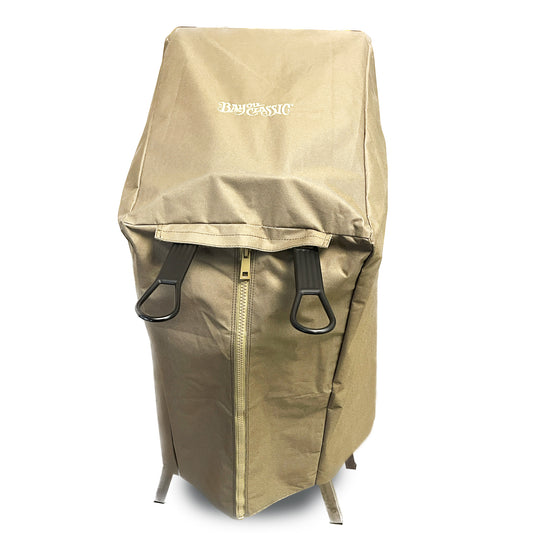 A brown canvas cover for a 4-gallon Bayou Fryer, featuring a zipper and Velcro openings on a white background