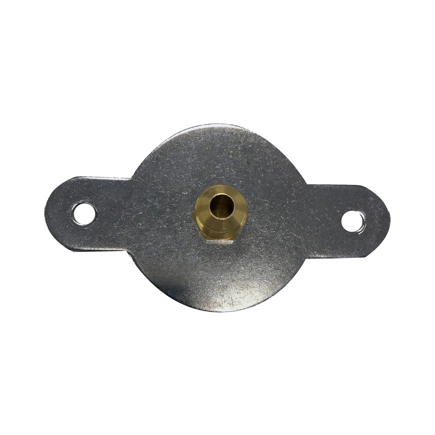 A stainless back plate with a brass fitting, designed for use with Bayou Fryers.