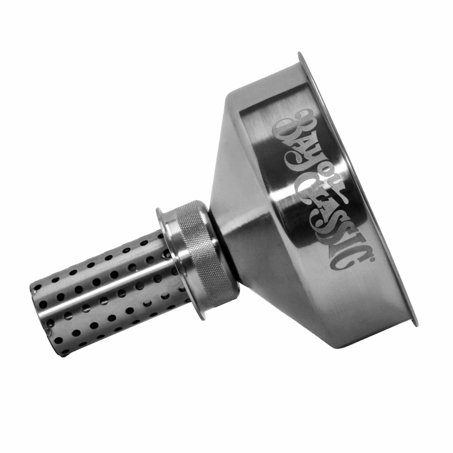 Metal funnel with a perforated bottom on a white background