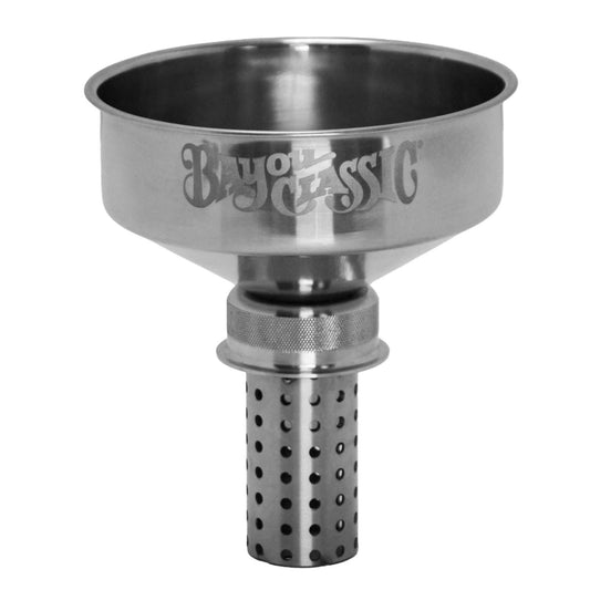 Stainless steel funnel with Bayou Classic branding on a white background