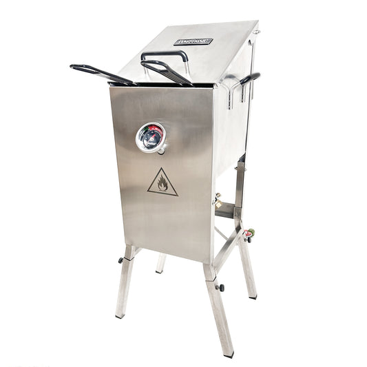 Stainless steel 4-gallon bayou fryer on a white background