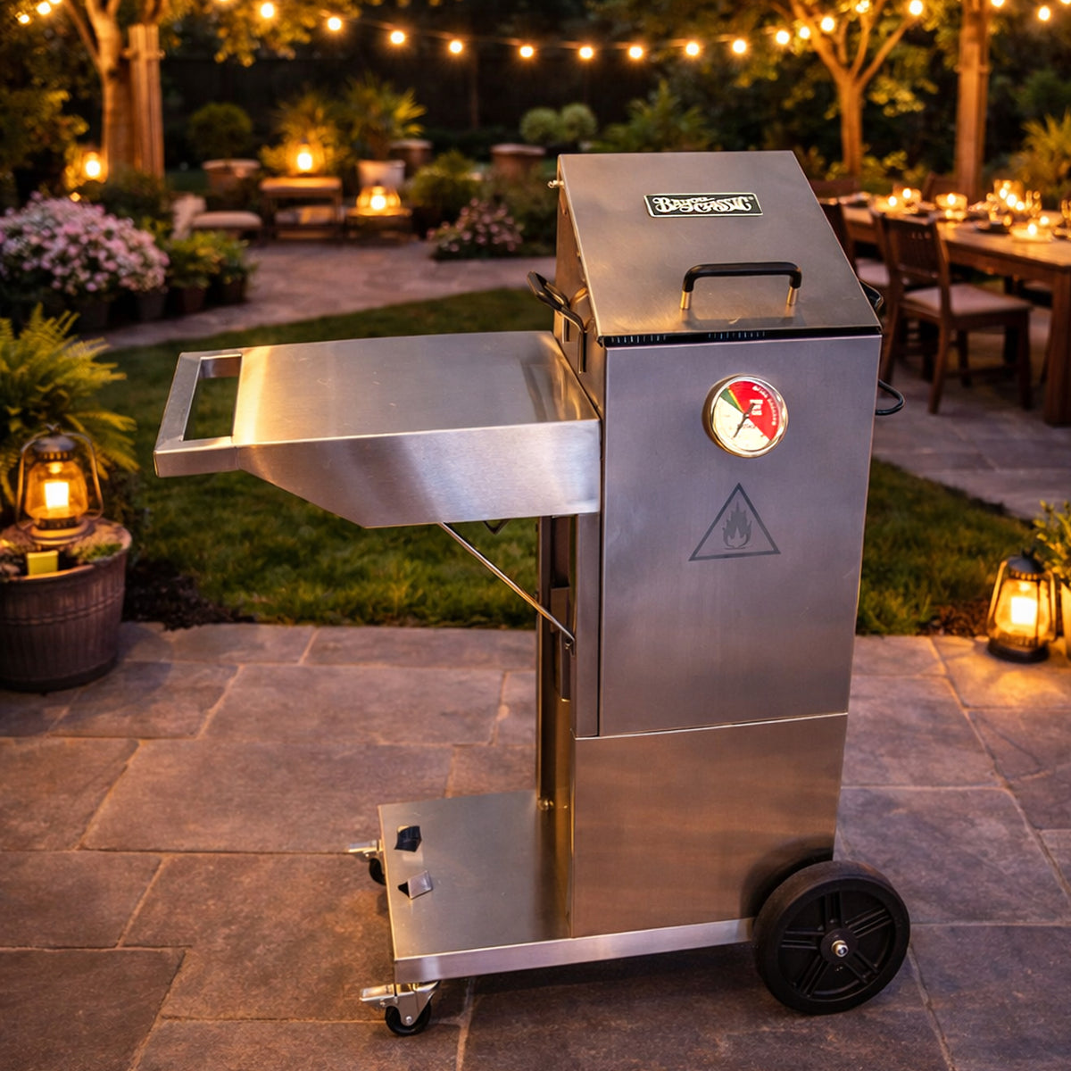Stainless Bayou Fryer with Cart outside on a patio at night with string lights in the background
