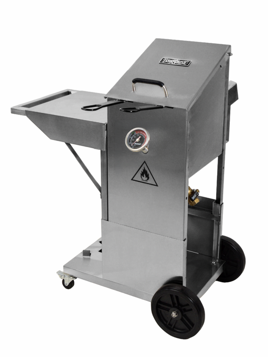 Stainless steel barbecue grill on wheels with a white background
