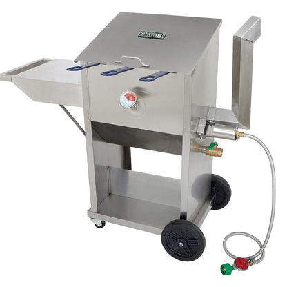A 9-gallon stainless Bayou Fryer with a side shelf, three wire mesh baskets, and a high pressure LPG regulator with brass control valve. It is on wheels with locking casters and has a hose attached.