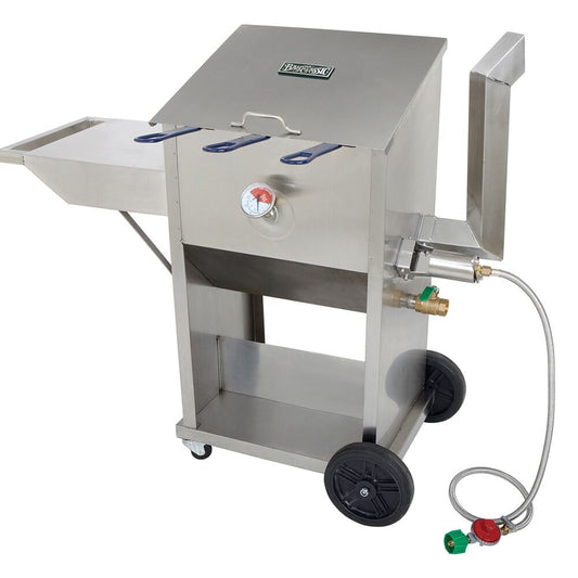 A 9-gallon stainless Bayou Fryer with a side shelf, three wire mesh baskets, and a high pressure LPG regulator with brass control valve. It is on wheels with locking casters and has a hose attached.