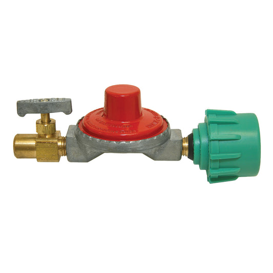 A 10-psi gas regulator with a brass control valve and a green knob against a white background.