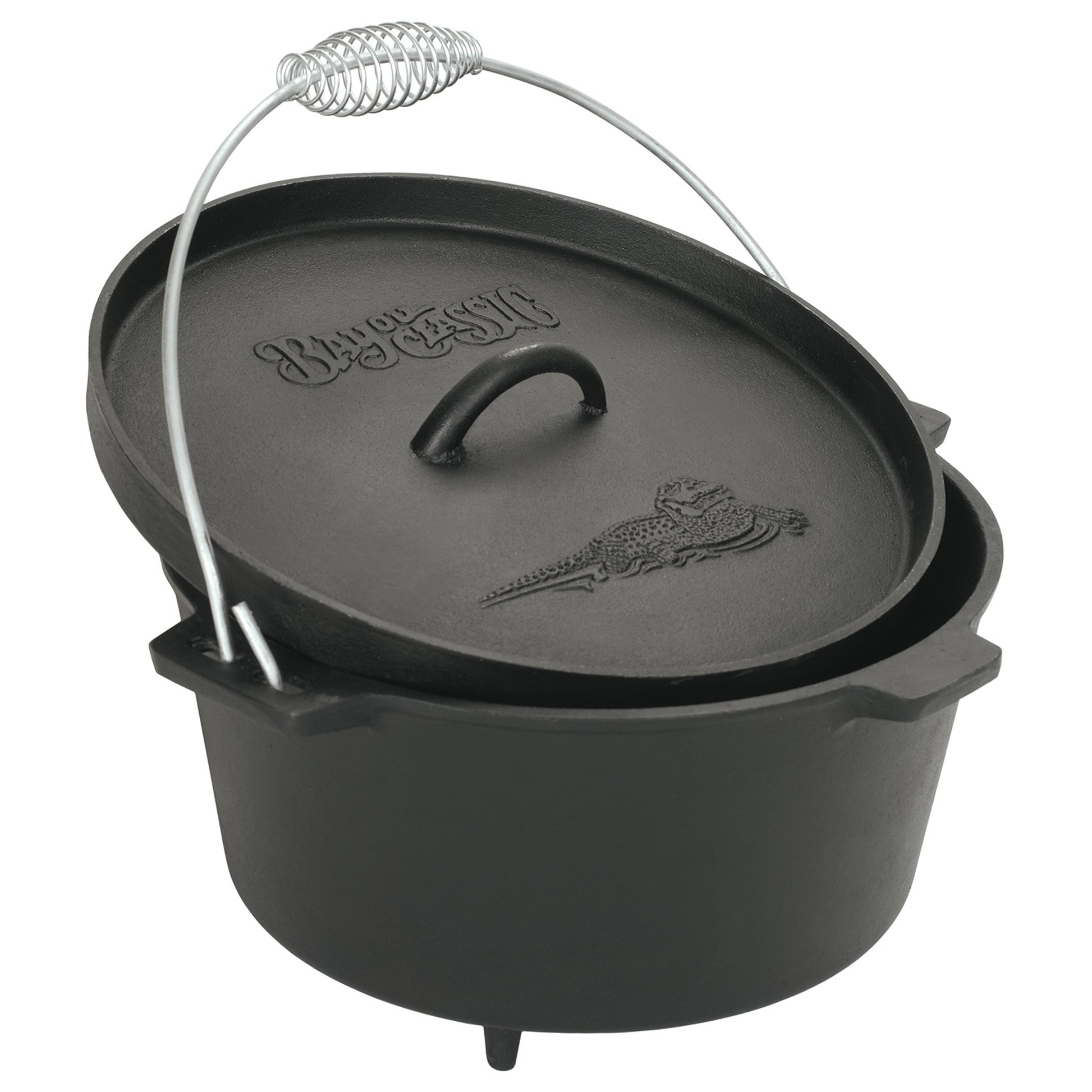 A black 8-qt Cast Iron Dutch Oven with feet, a flanged lid, and wire coiled handle on a white background