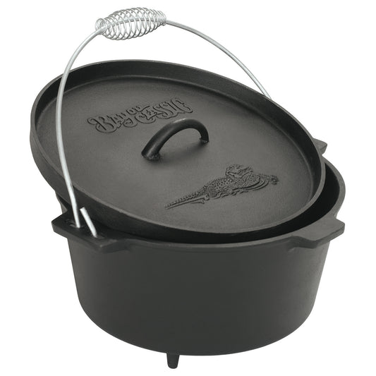 A black 8-qt Cast Iron Dutch Oven with feet, a flanged lid, and wire coiled handle on a white background