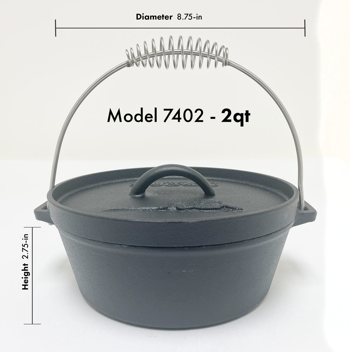 Model 7402 2-qt cast iron pot with coil handle on a white background. Dimensions read 8.75-in diameter and 2.75-in height.