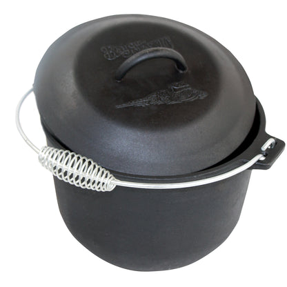A black 6-qt cast iron soup pot with a domed lid and a coiled wire handle on a white background.