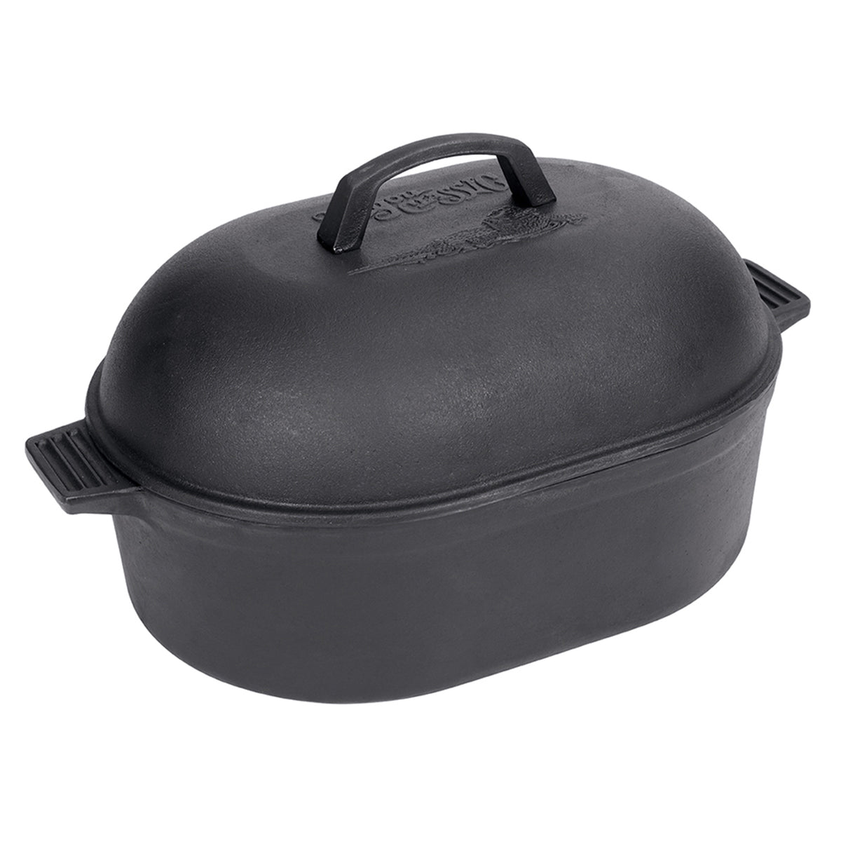 A black cast iron oval roaster with a domed lid and side handles on a white background