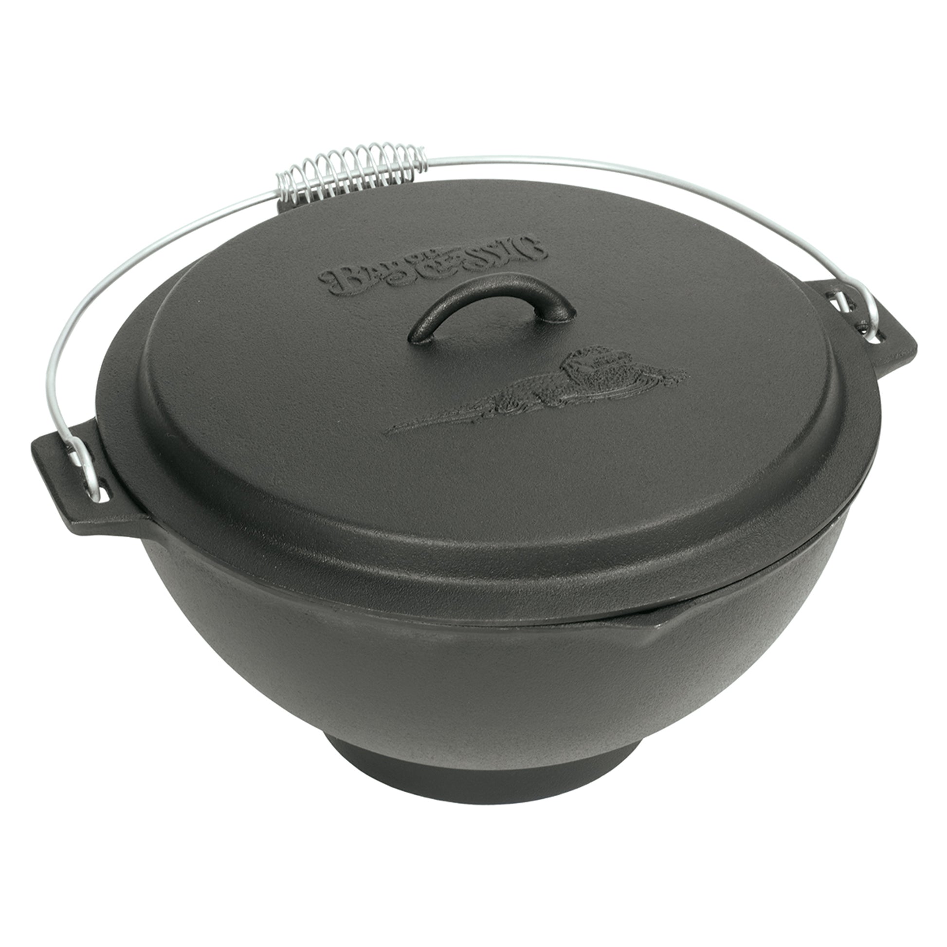 A black cast iron jambalaya kettle with a domed lid and a coil wire handle on a white background