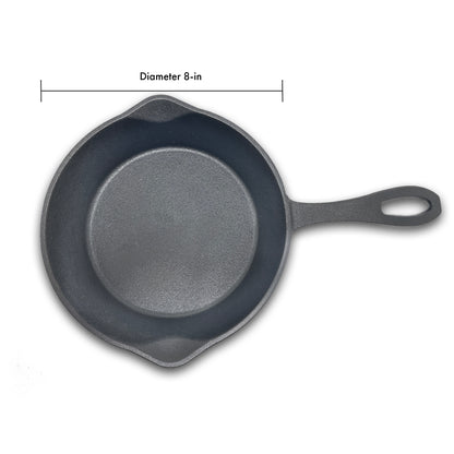 Cast iron skillet on a white background. Dimension reads 8-in diameter.