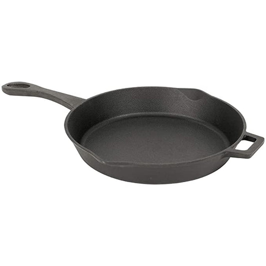 A black cast iron skillet with pour spouts and a handle on a white background.