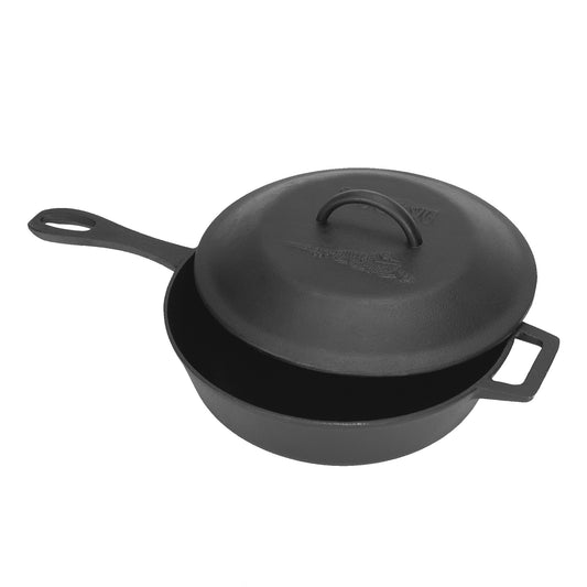 A black 3-qt cast iron covered skillet with a domed lid on a white background