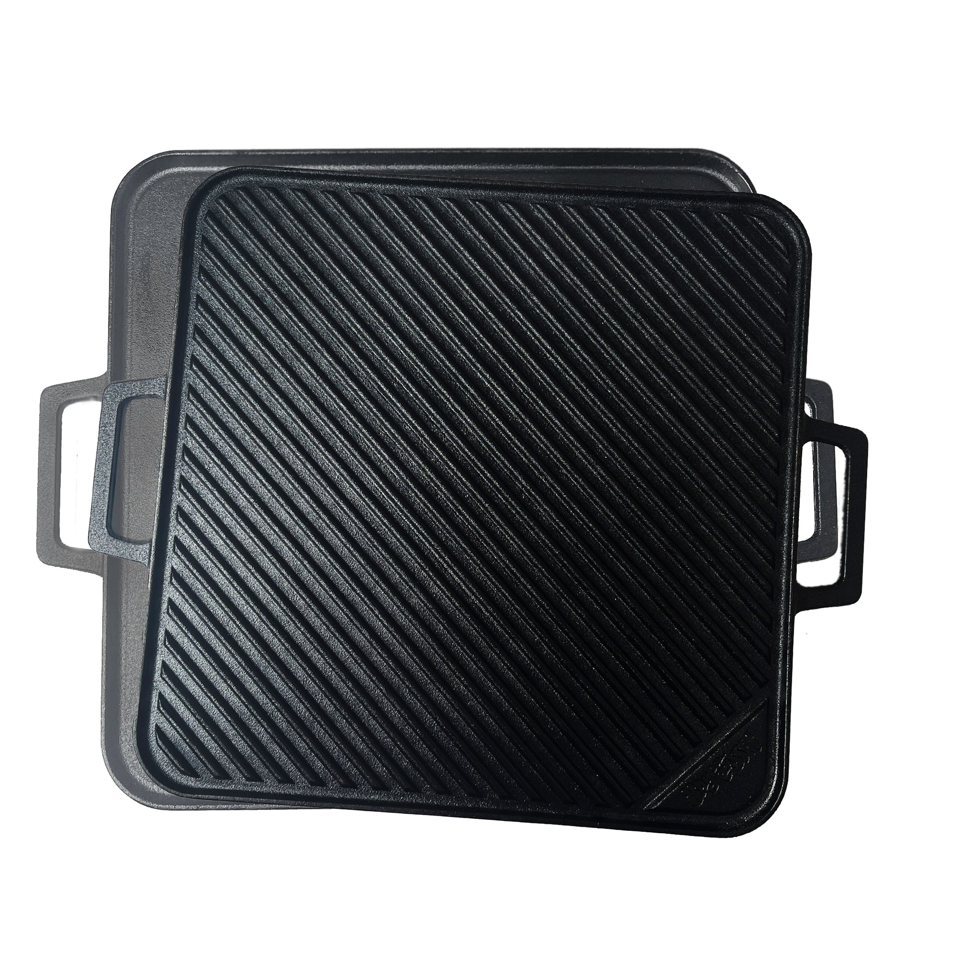 A 14-inch cast iron reversible square griddle with a flat surface and ribbed grilling surface on a white background.
