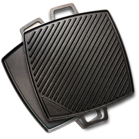 A 10.5-inch square cast iron reversible griddle with one side flat and the other ribbed on a white background.