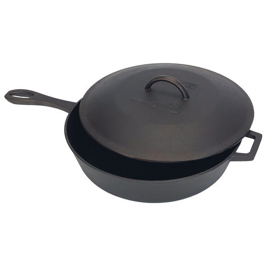 A black 5-qt cast iron covered skillet with a dome-shaped lid on a white background
