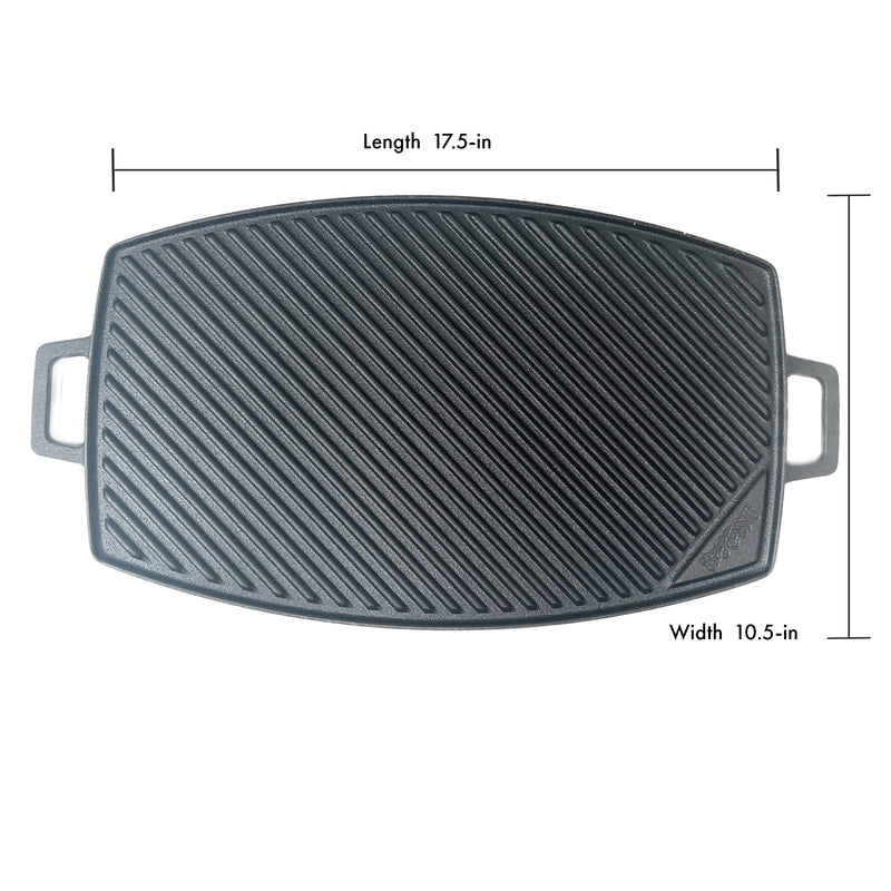 Rectangle cast iron griddle on a white background.  Dimensions read 17.5-in length and 10.5-in width